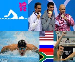 Puzzle Evgeni Korotyshkin (Rusya), Chad le Clos (Güney Afrika) - Londra 2012 - 100 m tarzı erkekler kelebek podyum, Michael Phelps (ABD), Yüzme